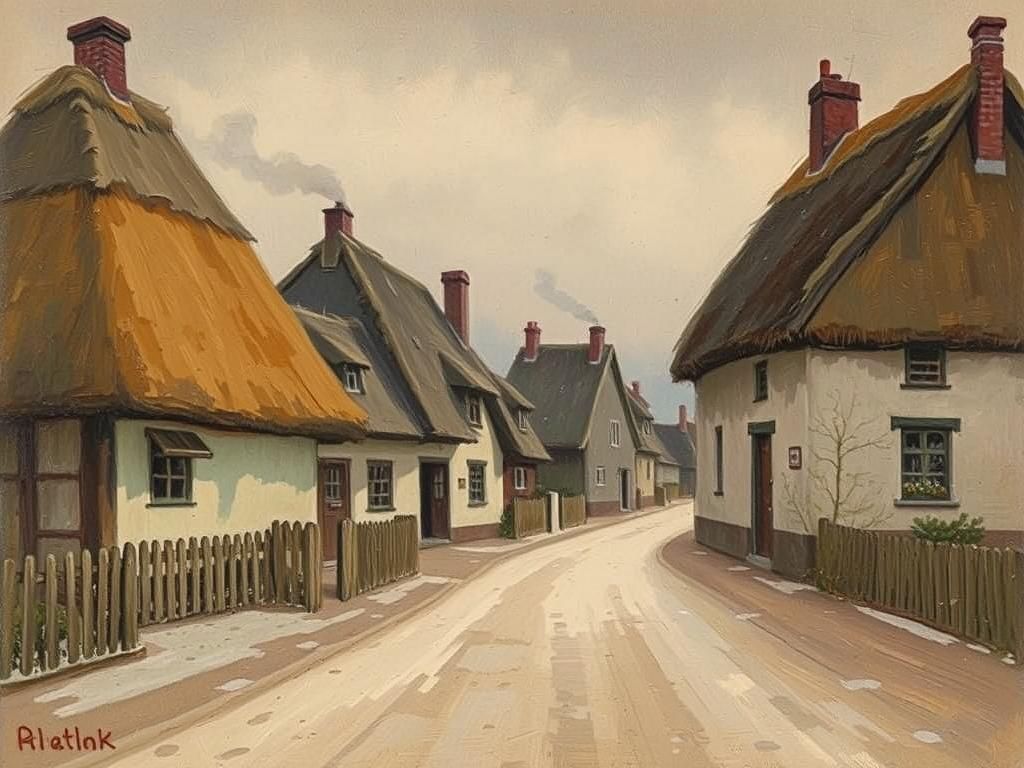 Charming Thatched Houses in Impressionist Village Scene