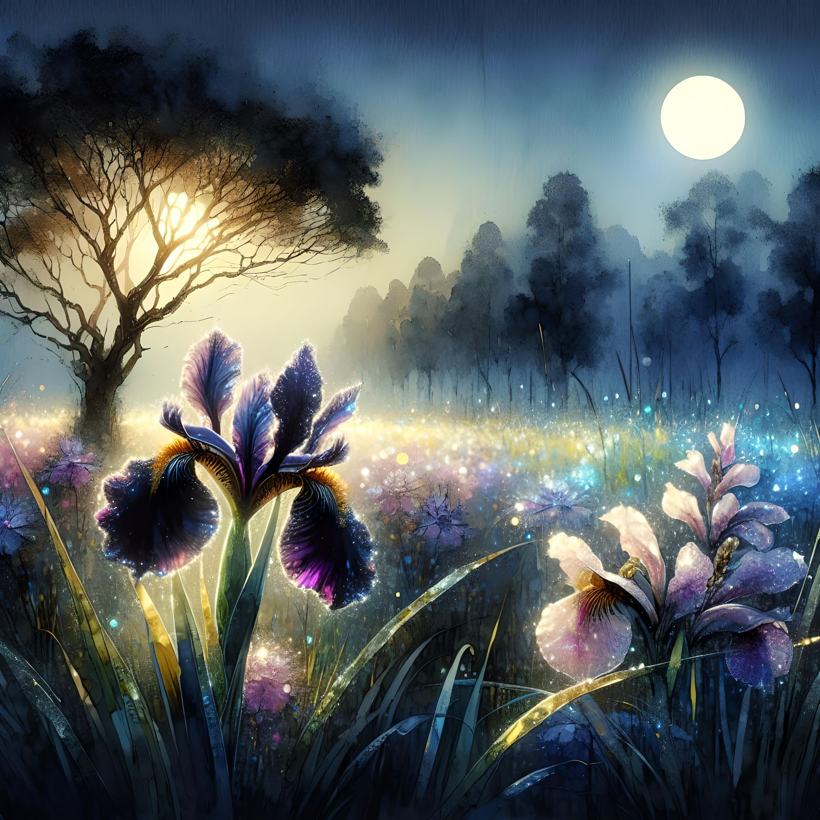 Moonlit Black Iris and Orchid Watercolor