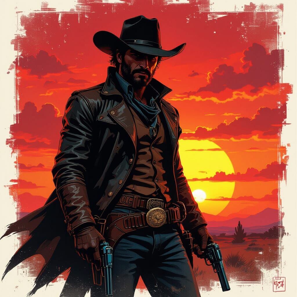 Gunslinger Silhouette at Sunset: Digital Art Portrait