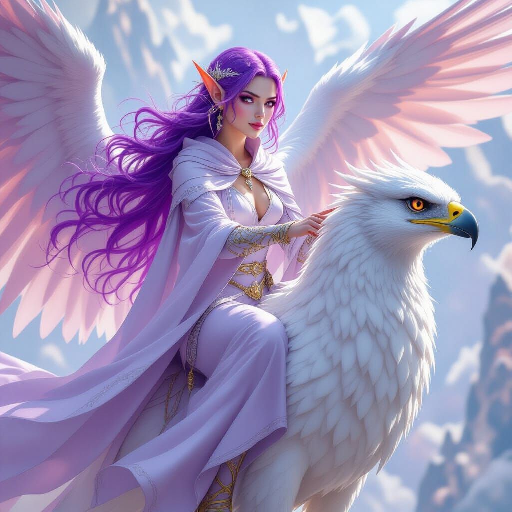 Elf Riding Griffin in Illustrative Fantasy Style