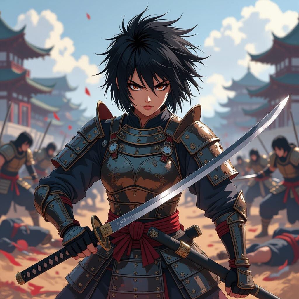 Anime Warrior Stands Defiant on Battlefield
