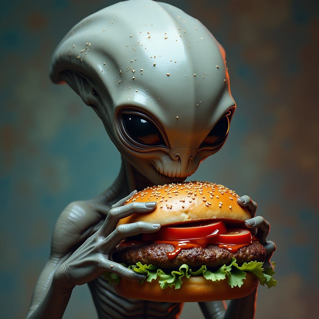 Hyperrealistic Grey Alien Catching a Delightful Moment Mid-B...