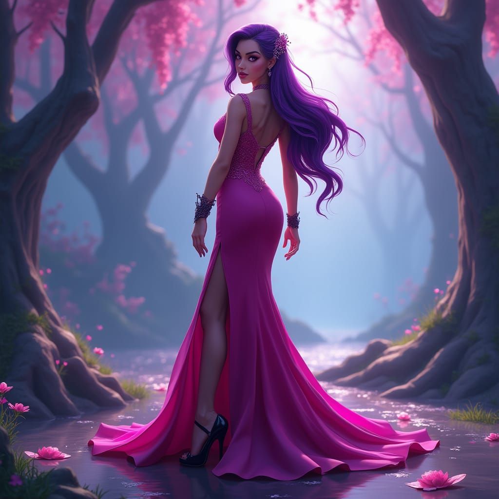 Fantasy Heroine in Electric Purple Hair and Hot Pink Gown