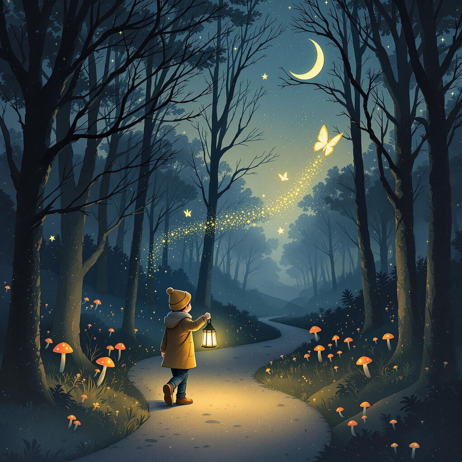 Little Boy's Whimsical Forest Walk at Dusk