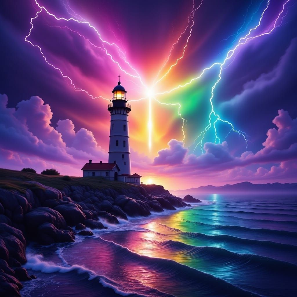 Rainbow Lighthouse with Electric Violet Ocean