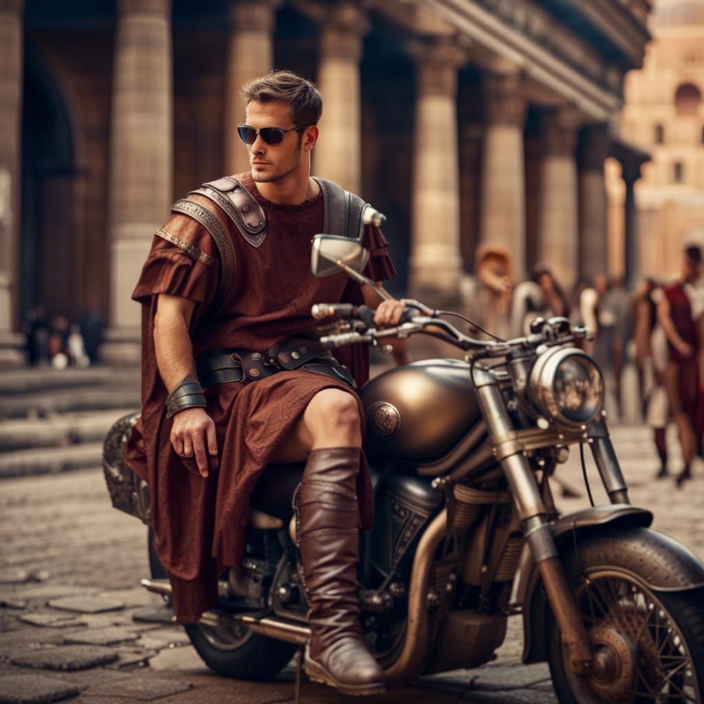 Roman Biker in Ancient City, Detailed Matte Painting