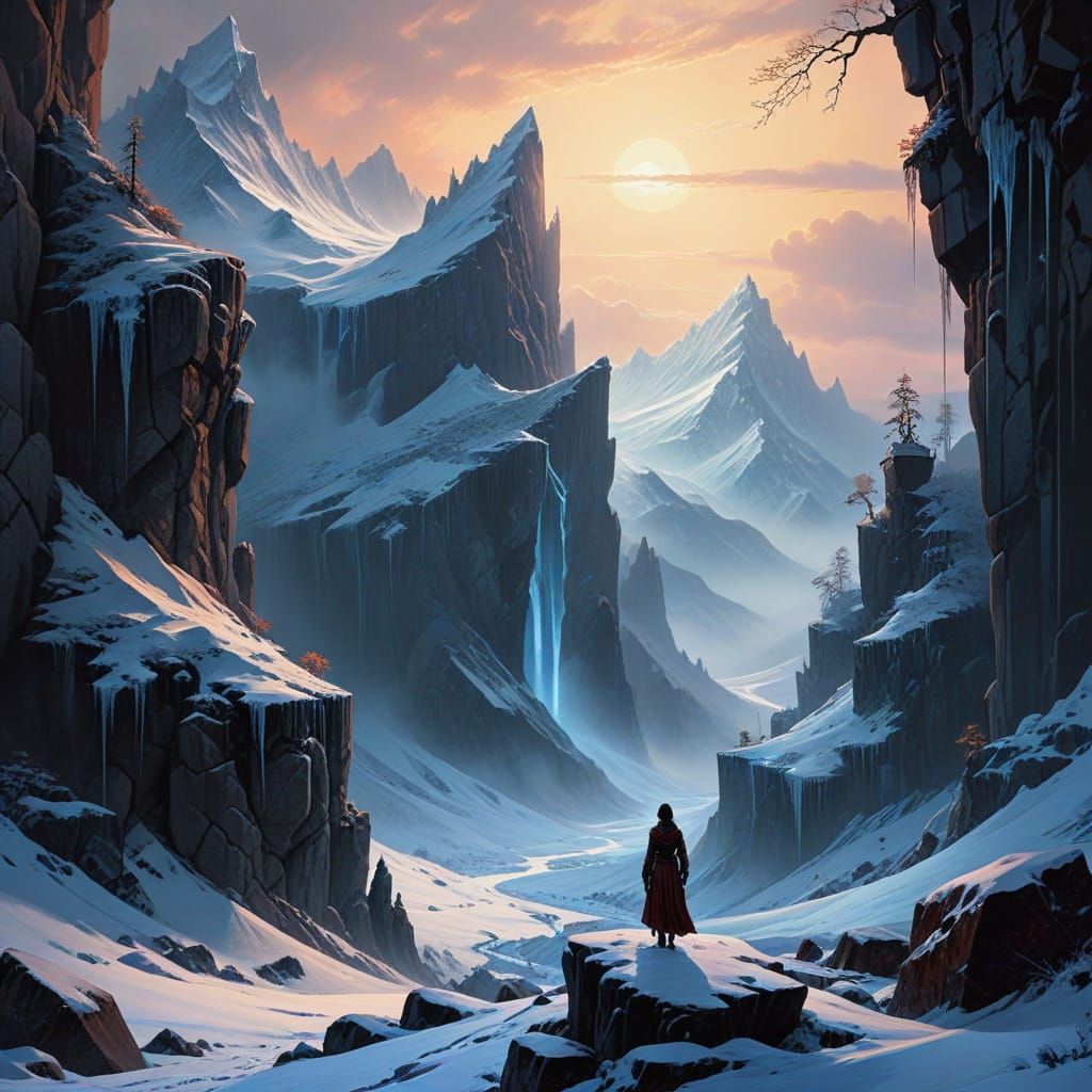 Young Asian Woman Contemplates Frozen Wilderness in Gothic F...