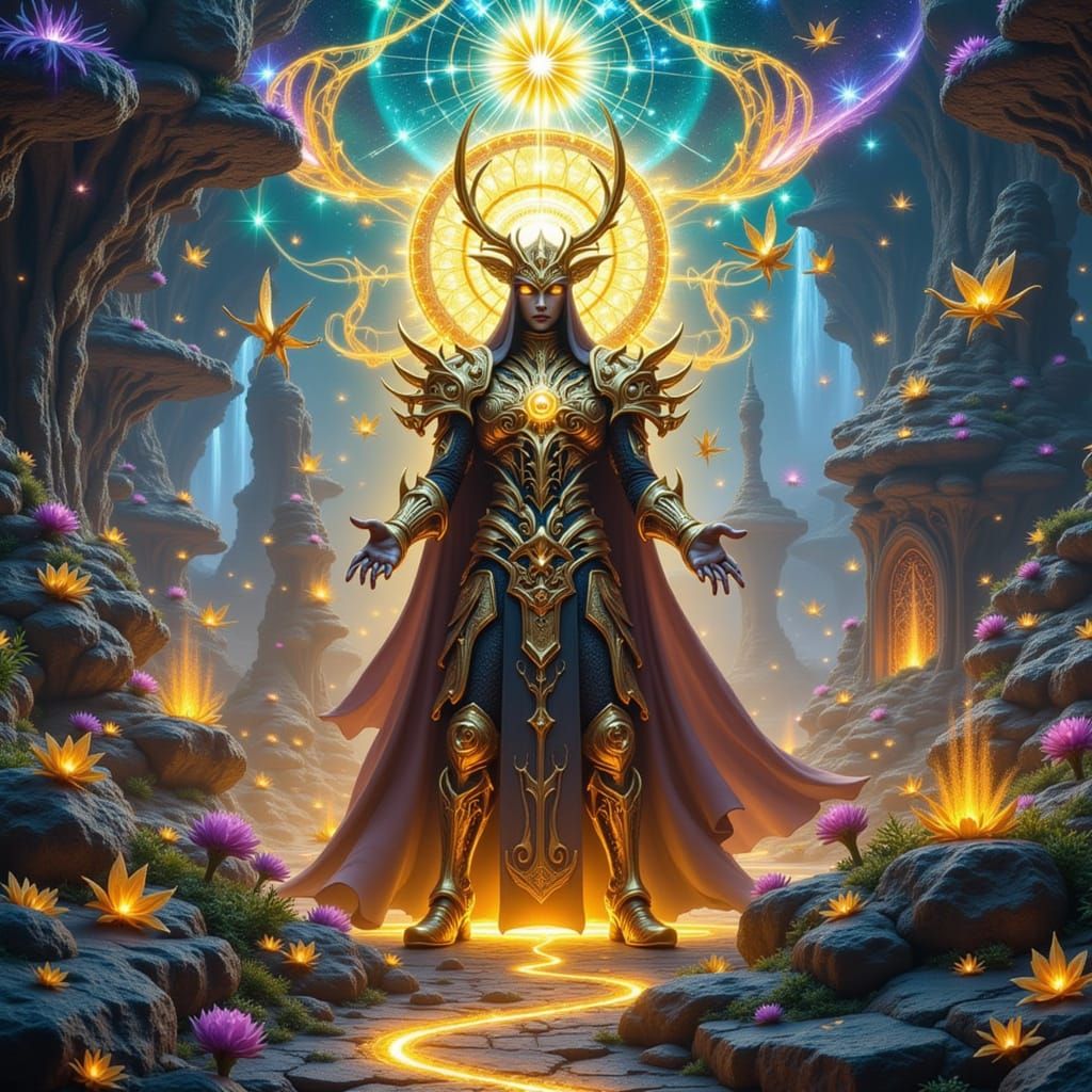 Dagr, God in Golden Armor in a Vibrant Landscape