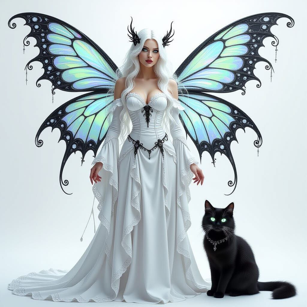 Gothic Fairy with Spiderweb Wings and White Cat