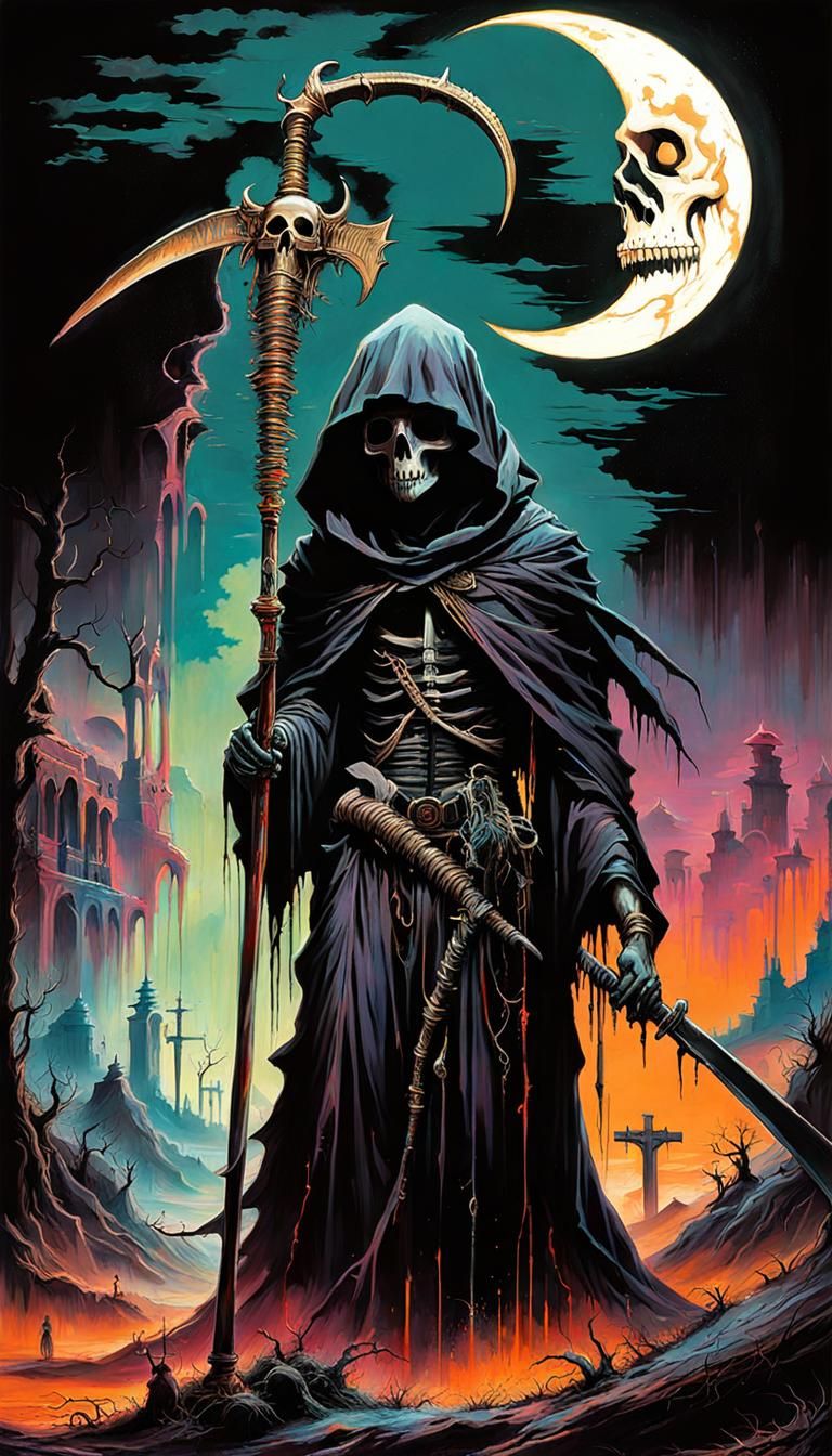 Ethereal Grim Reaper in Dystopian Landscape