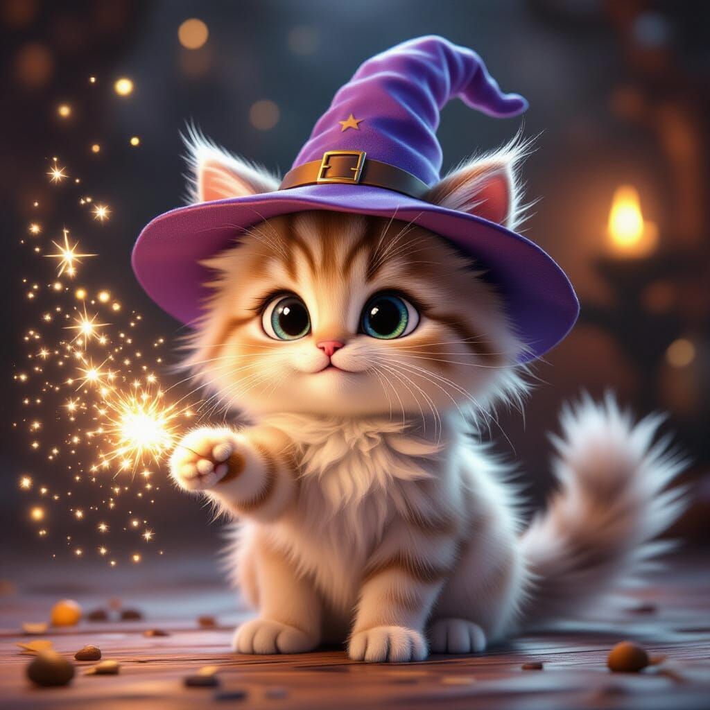 Adorable Kitten Wizard Casting Sparkles in 3D Animation Styl...