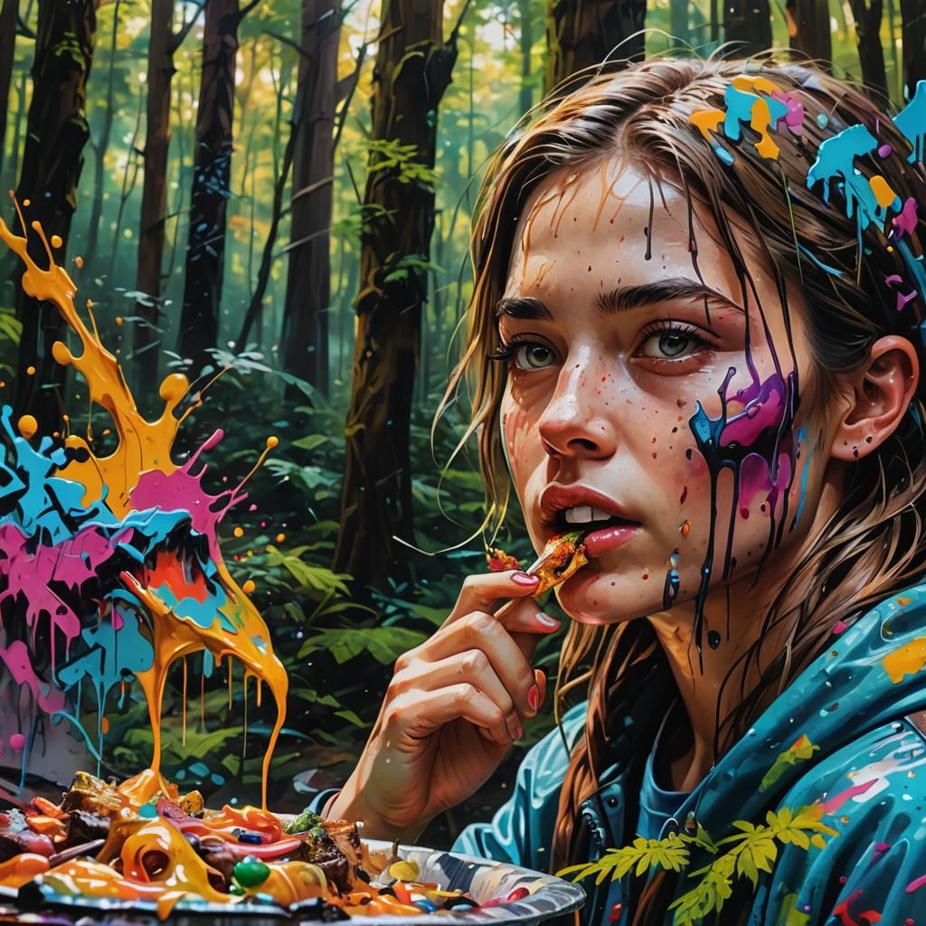 Woman Eating in Graffiti Forest: Hyperrealistic Art