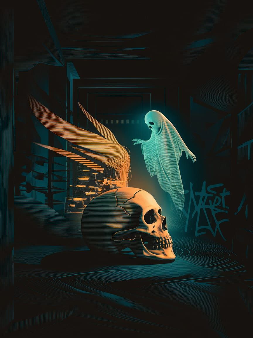 Skull and ghost floating in a dark, mystical atmosphere, cla...