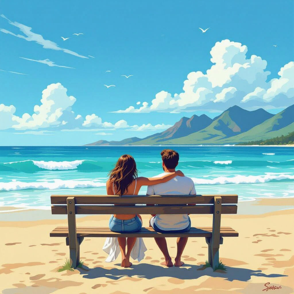 Romantic Beach Scene with Couple Watching Sea