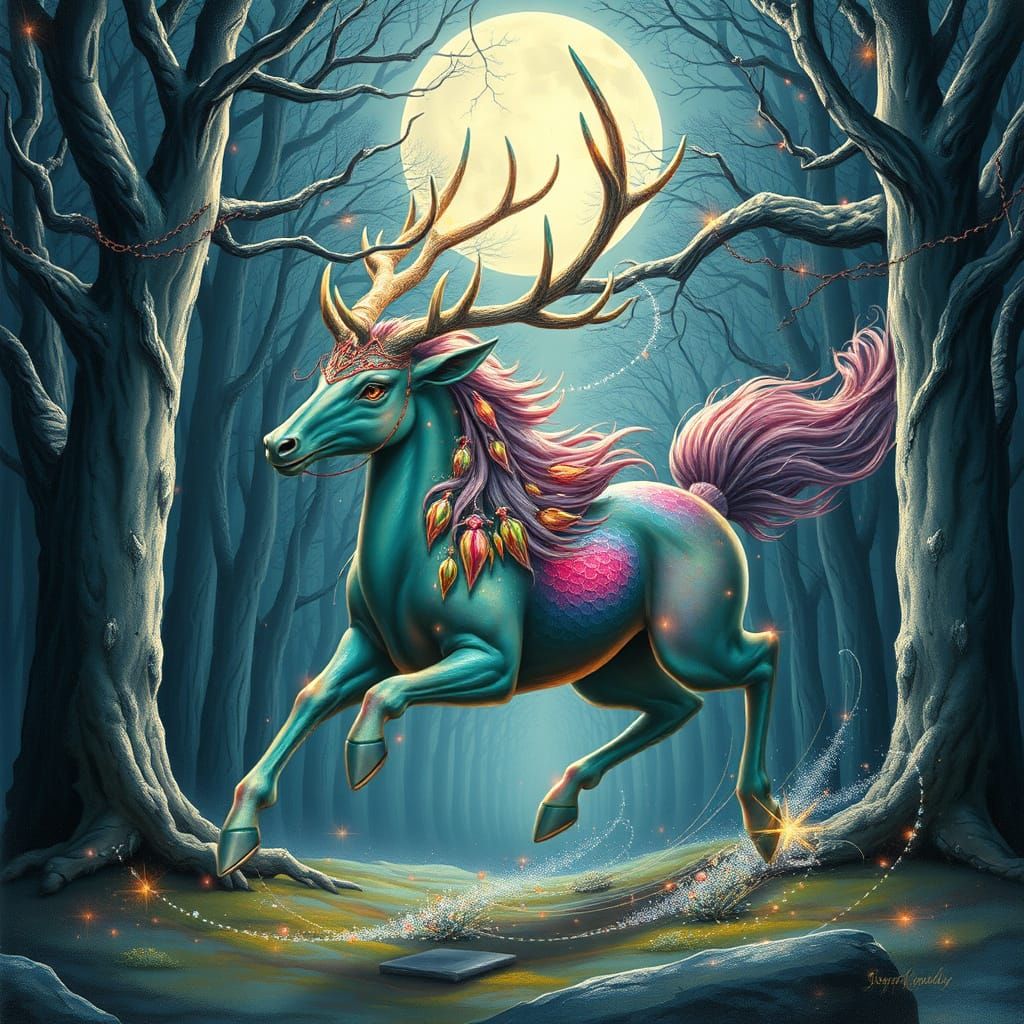 Ethereal Kirin Gallops through Whimsical Moonlit Forest in D...