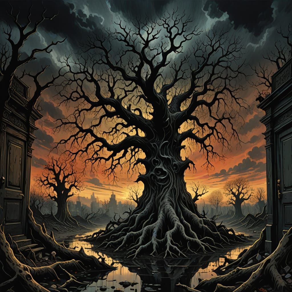 Surreal Atompunk Landscape with Dead Oak Tree and Sunken Doo...