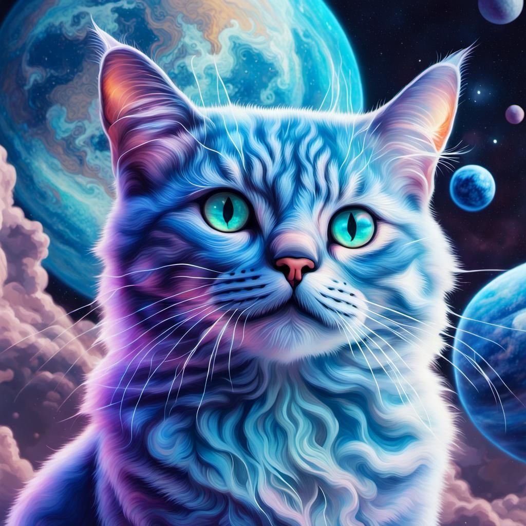 Cloudy Blue Cat in Cosmic Planetary Scene