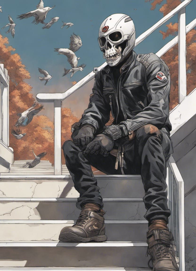 Motorcycle Rider Removes Skull Mask in Anime Style