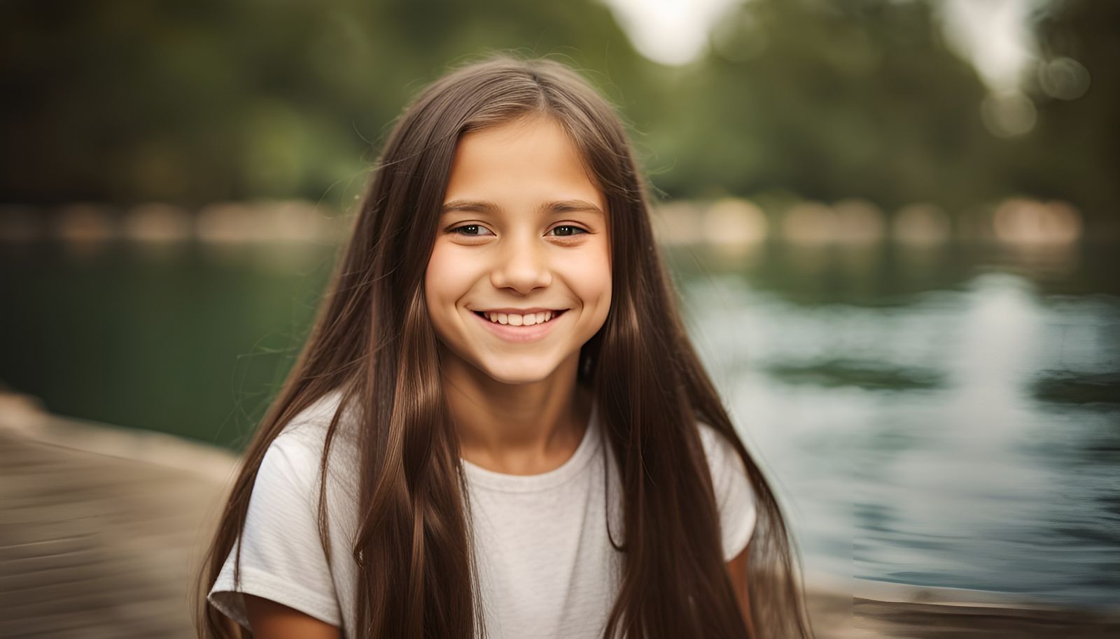 Realistic Photo of Smiling Girl by Calm Lake