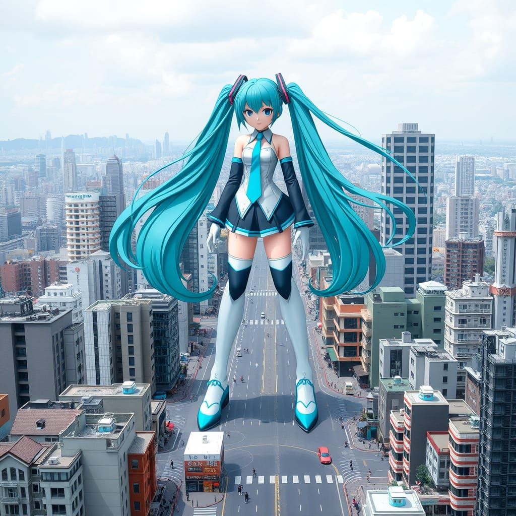 Giantess Anime Idol Miku Towers Over Miniature Tokyo