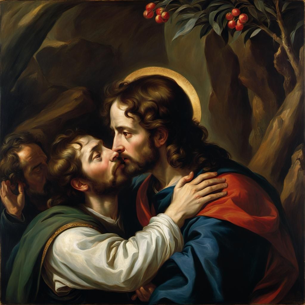 Judas Kisses Jesus in Gethsemane, Oil Painting