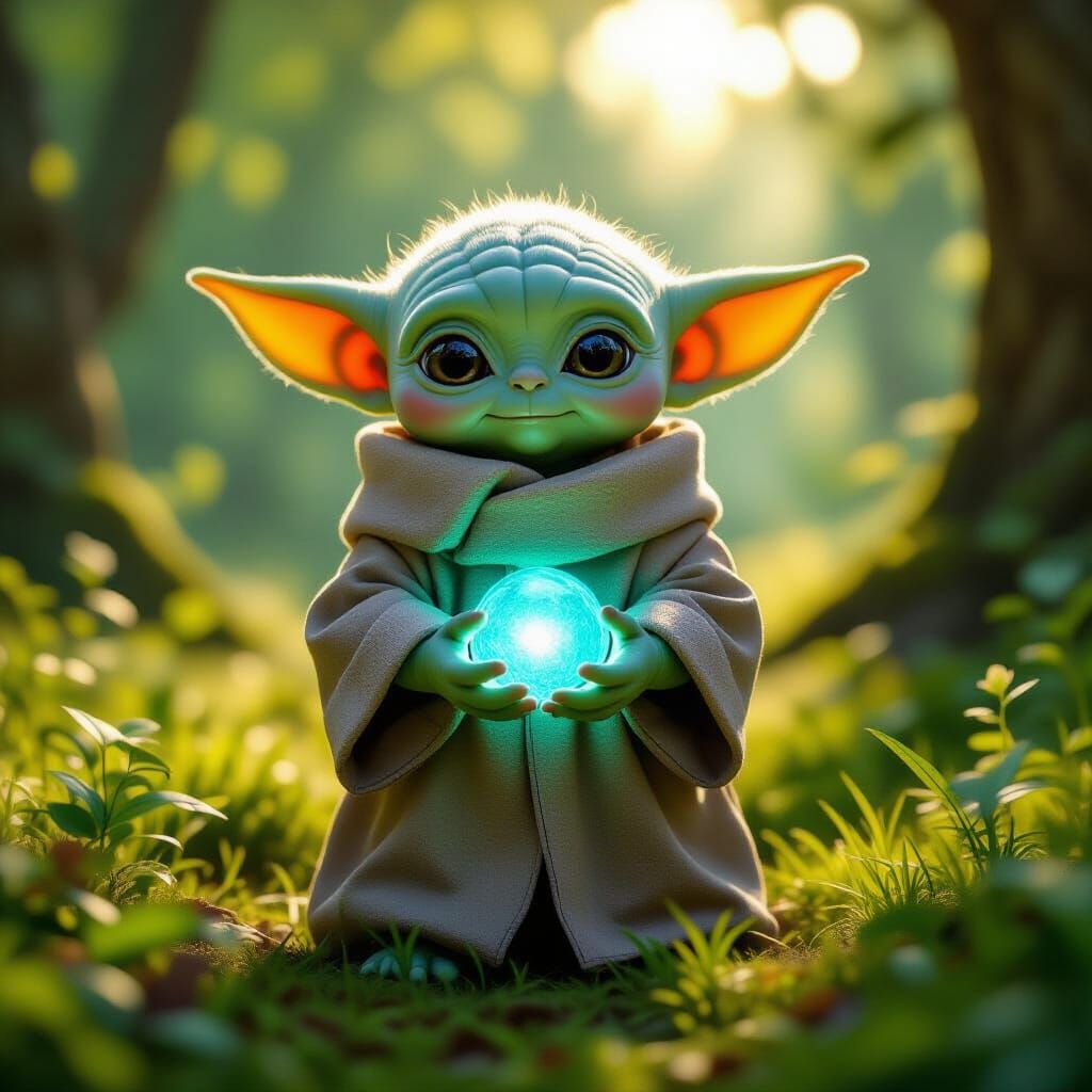 Tall Grogu Holds Glowing Orb in Sunlit Forest