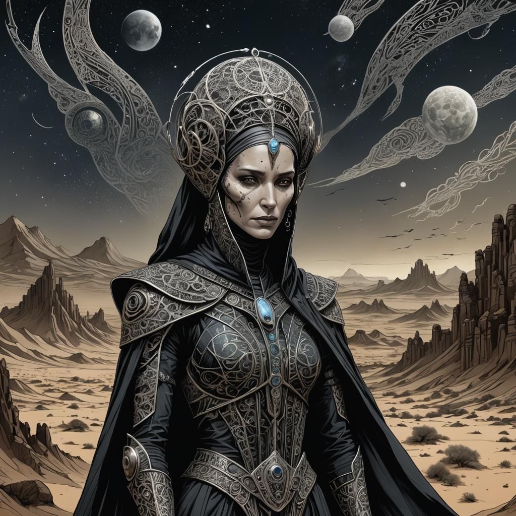 Bene Gesserit in Gothic Sci-Fi Desert Landscape