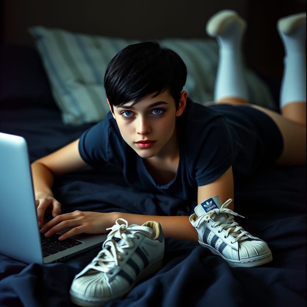 Dramatic Film Still of a Woman Studying