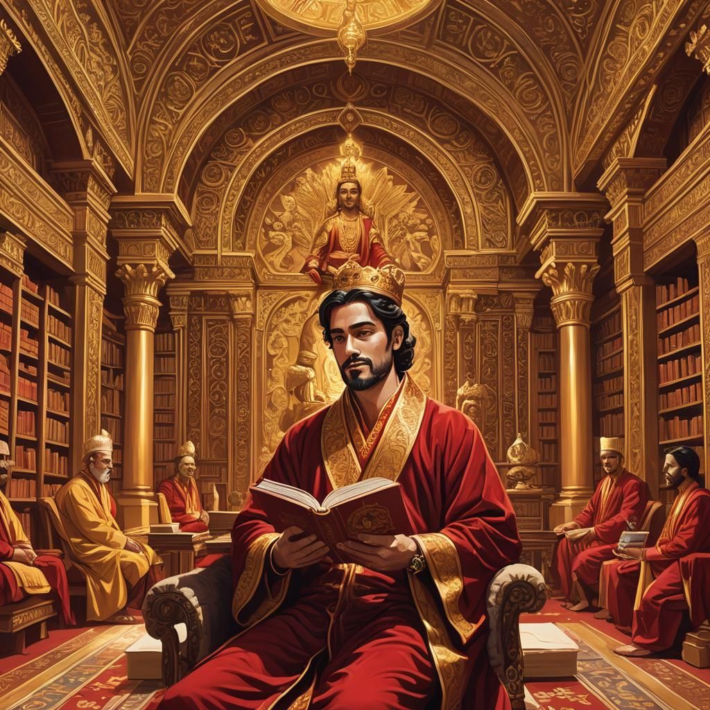 Radiant King Reading in Golden Hall: Impressionist Portrait