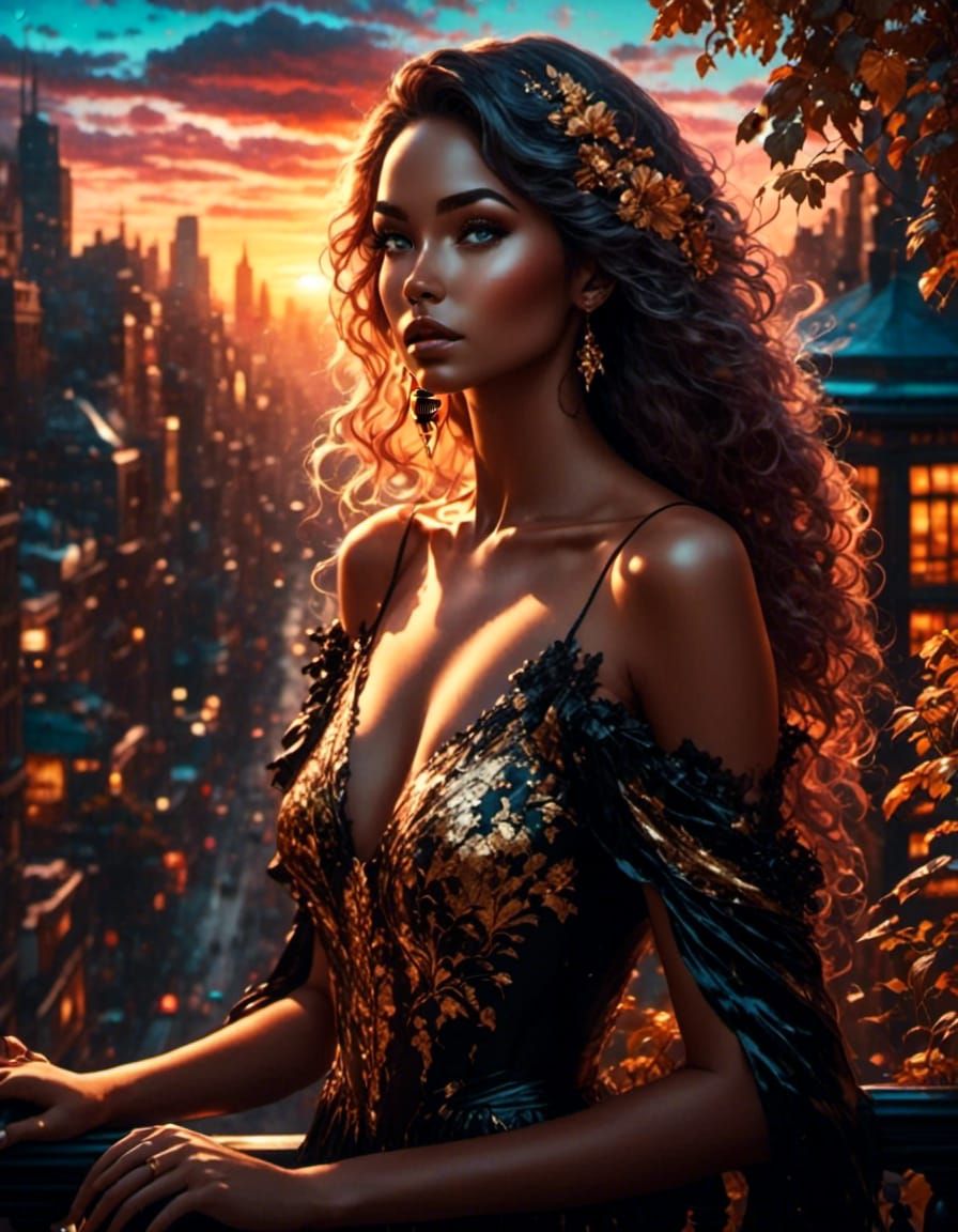 Sunrise Portrait of Woman on Overgrown Balcony