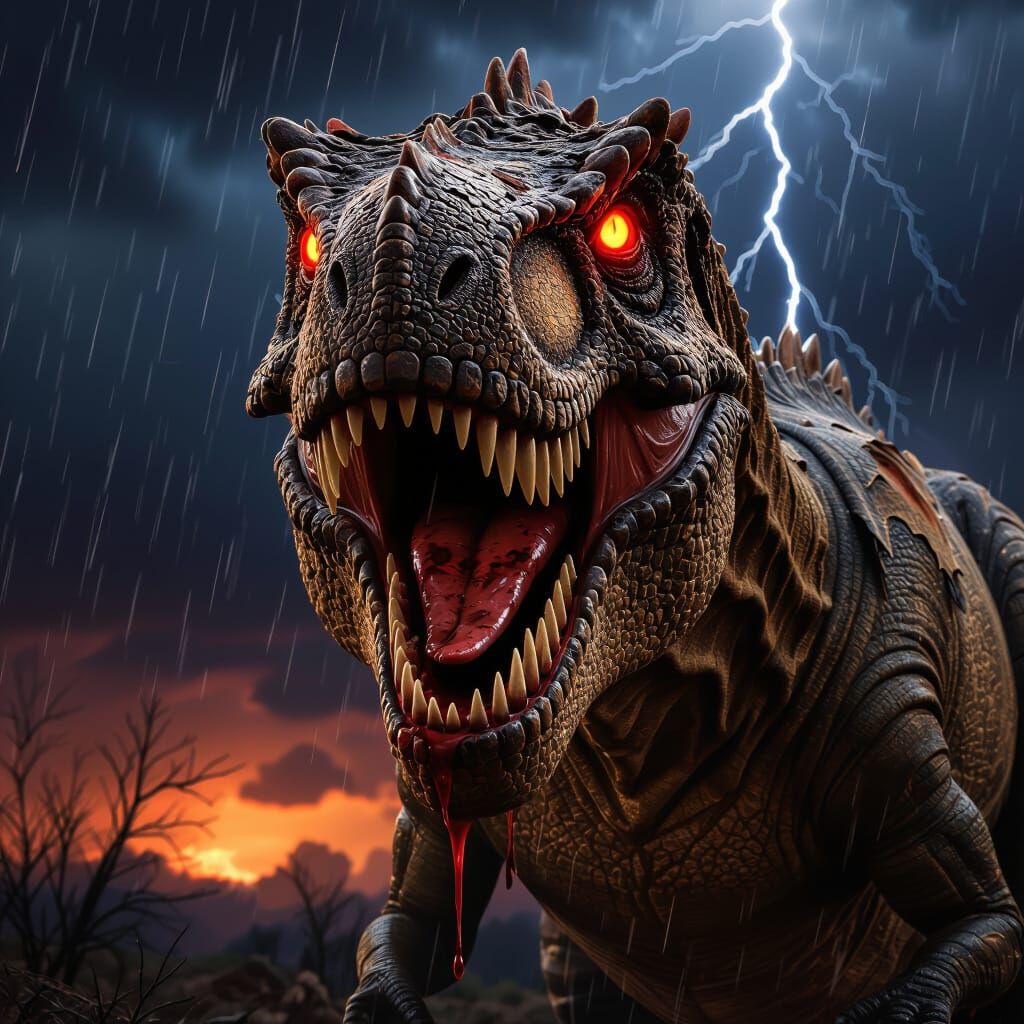 Hyperrealistic T-Rex in Stormy Fantasy Art Style