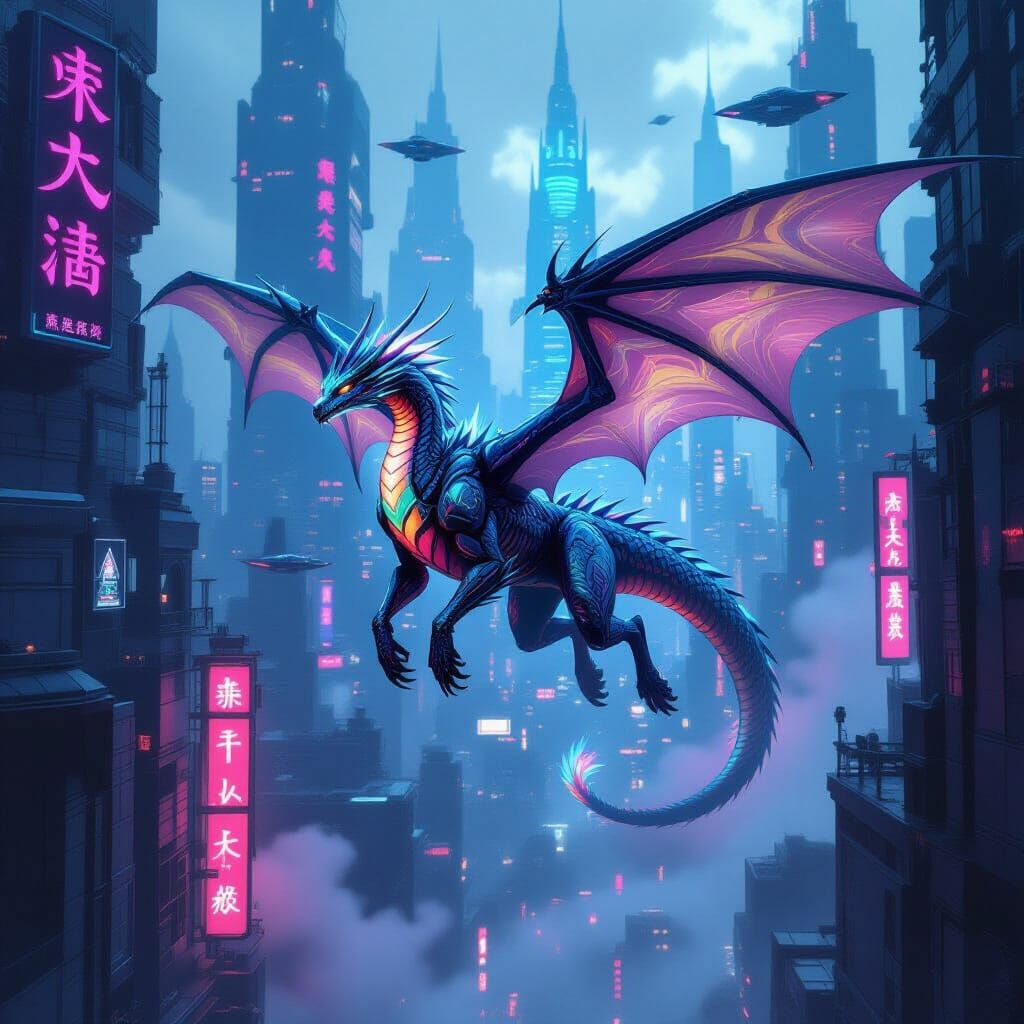 Bioluminescent Dragon Soaring Over Neon Cyberpunk Metropolis