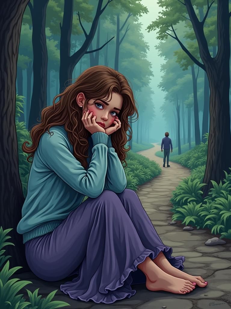 Melancholic Woman in Forest, Cartoon Style Illustration