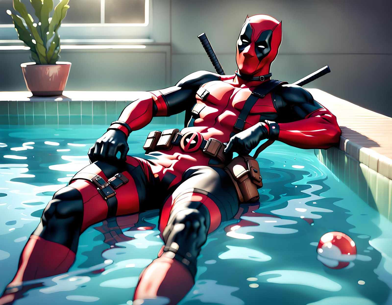 Deadpool Relaxes in Swimming Pool: 3D Digital Art