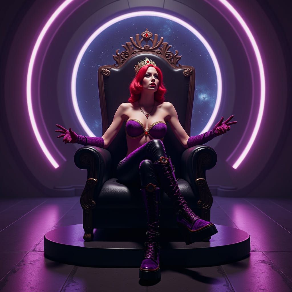 Majestic Queen of the Galaxy in Dark Sci-Fi Throne Room