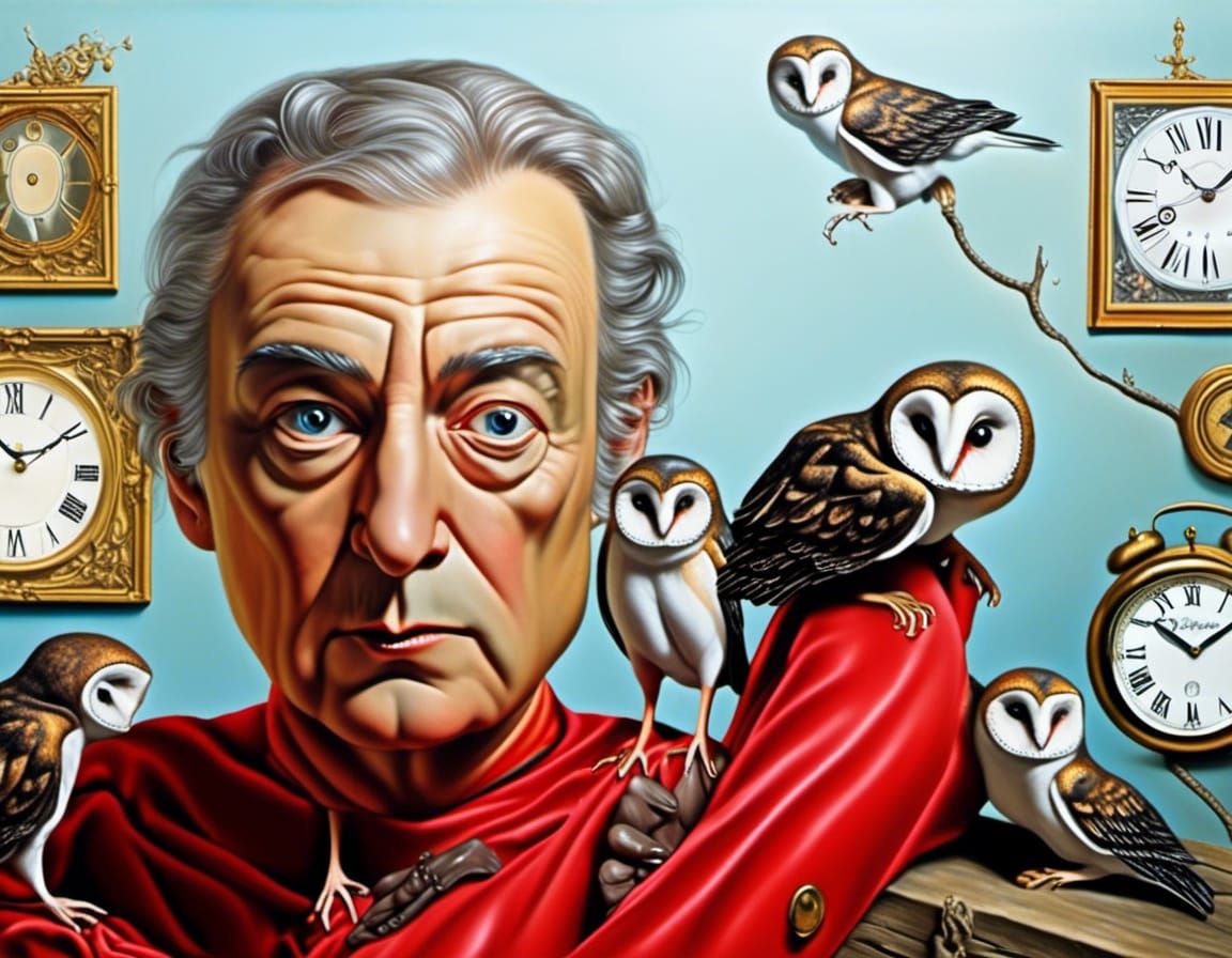 Surreal Mice and Owls with Melting Clocks, Oil on Canvas