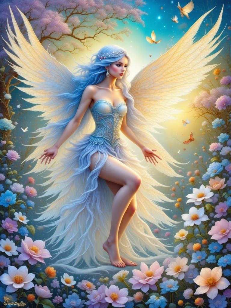 Bizarre Fairy Intertwined with Snow Owl in Dreamlike Waterco...