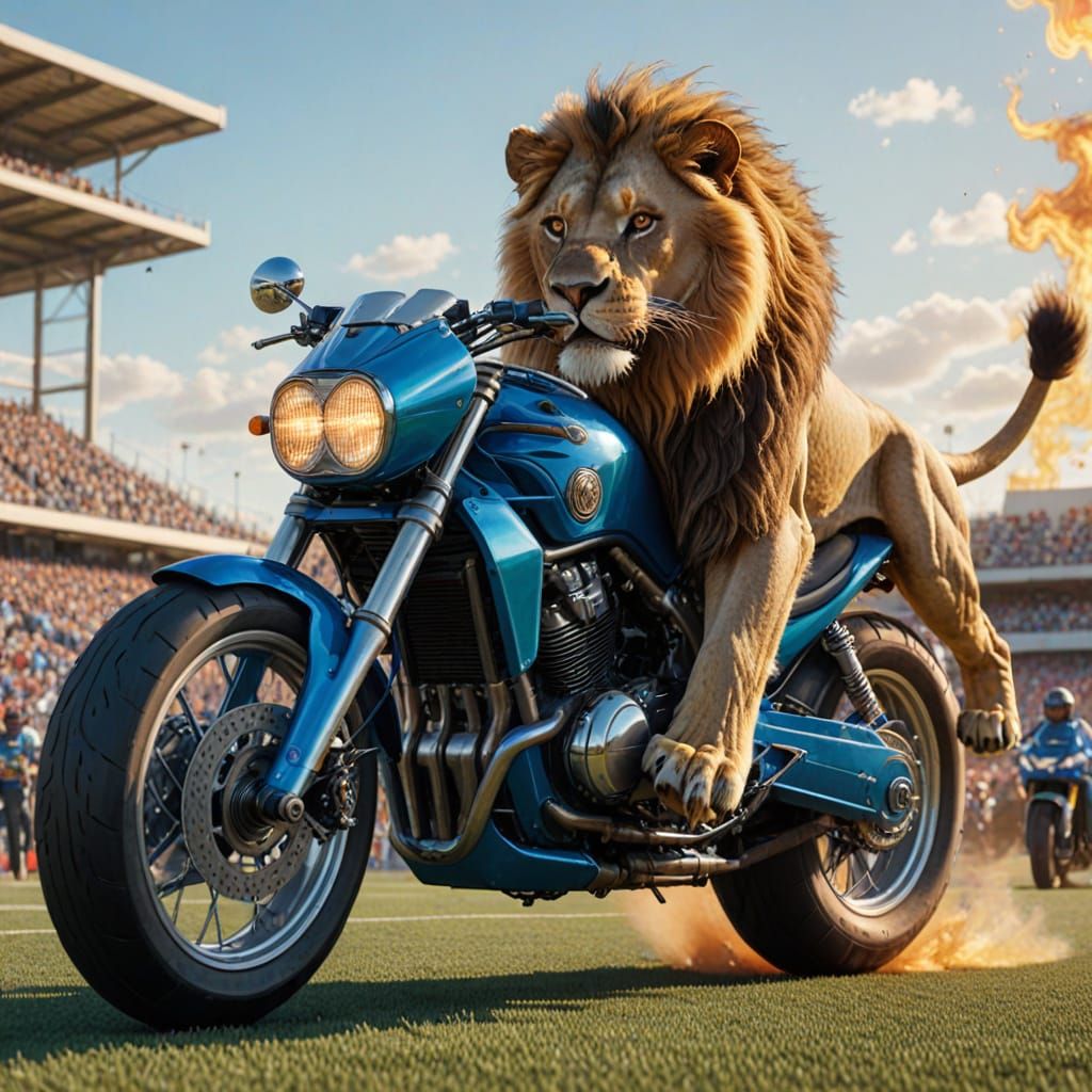 Lion on Motorcycle Jumps Over Football Field