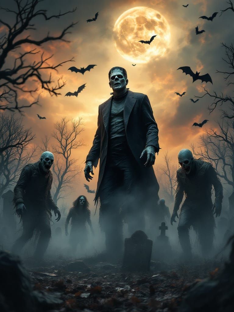 Halloween Cemetery with Swirling Zombies and Bats