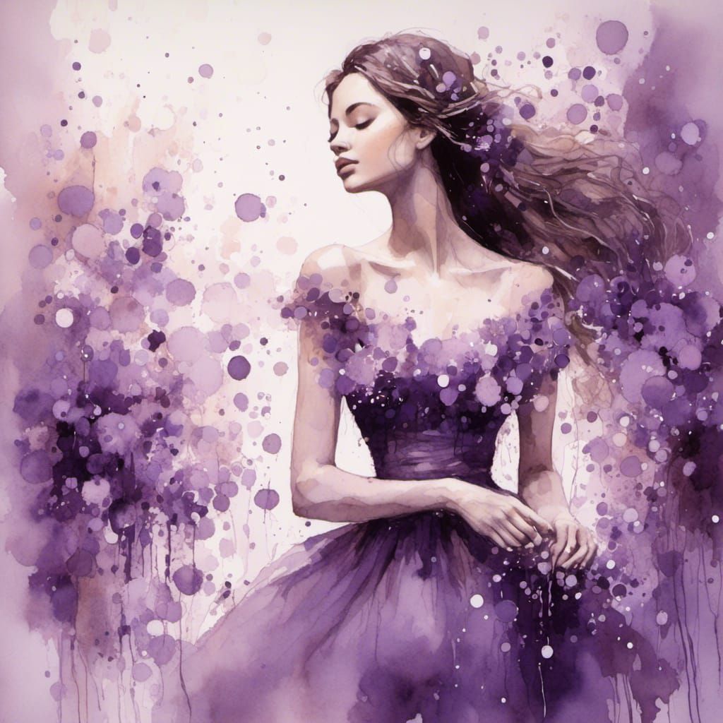 Girl in Purple Dress Surrounded by Flowers: Watercolour Art