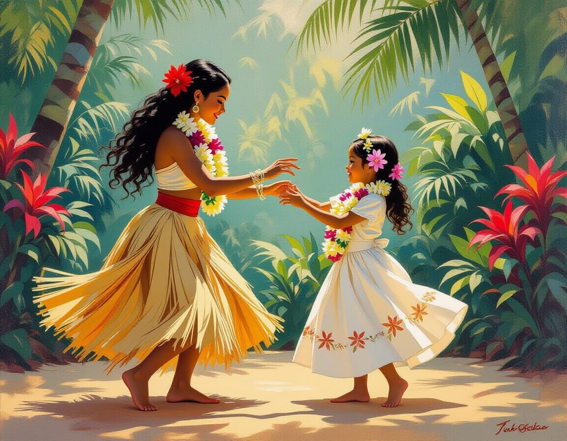 Hawaiian Hula Dancer Teaching a Young Girl