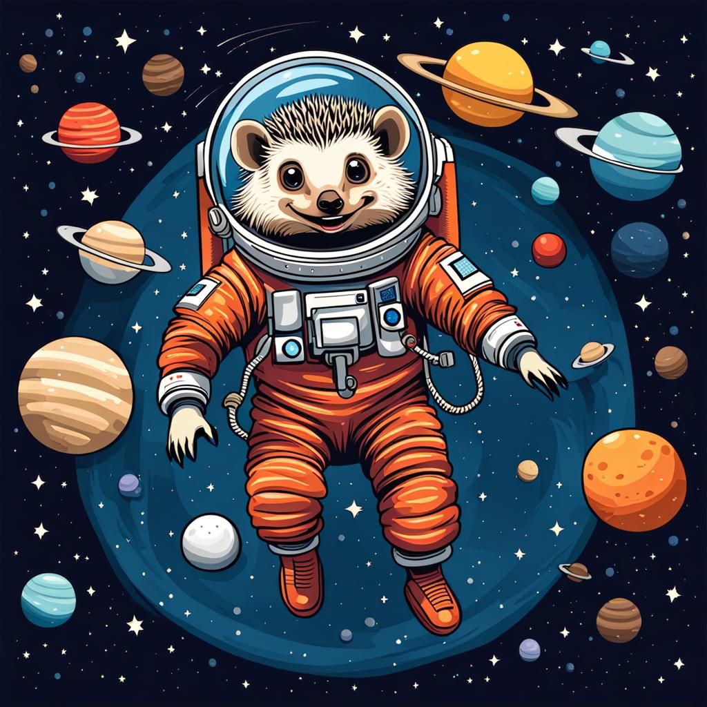 Hedgehog Astronaut Drifting Through Space