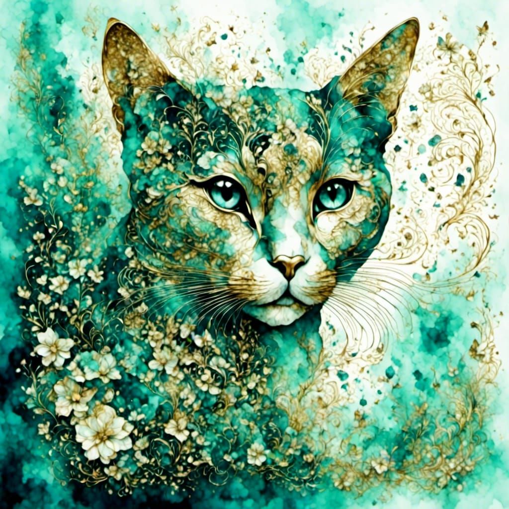 Teal Watercolor Word Art: "Cats" with Gold Filigree