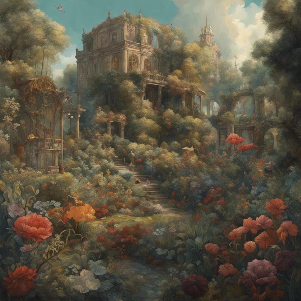 Fantastical Garden Oil Painting in Detailed Matte Style