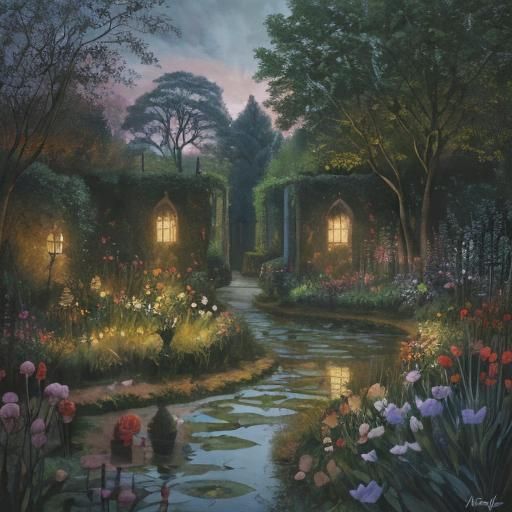 Ethereal Macabre Garden in Expressionist Gouache Painting