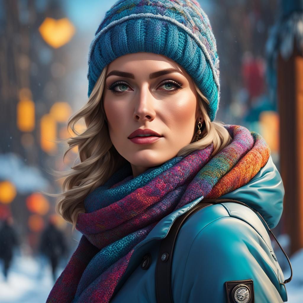 Beautiful Woman in Winter Outfit: Hyperrealistic Splash Art