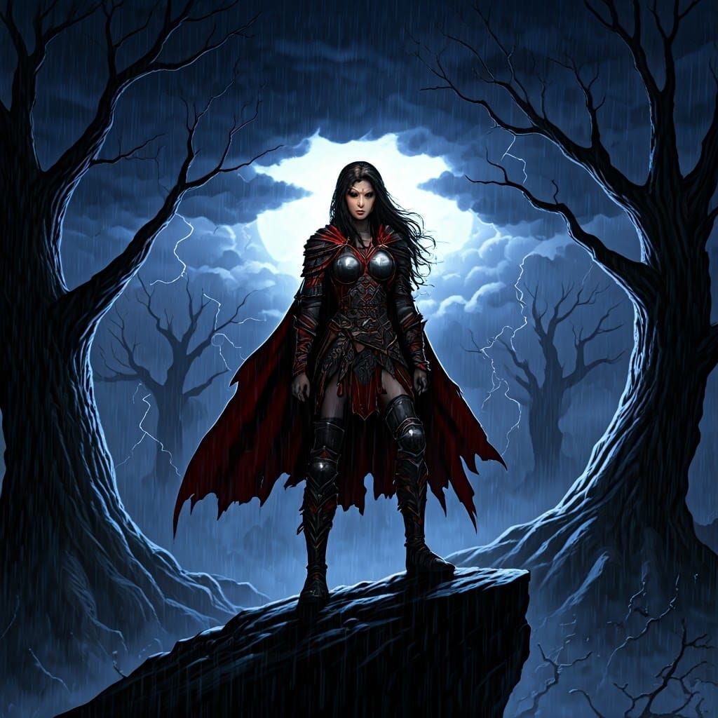 Stormy Night Woman Warrior in Dark Fantasy Style