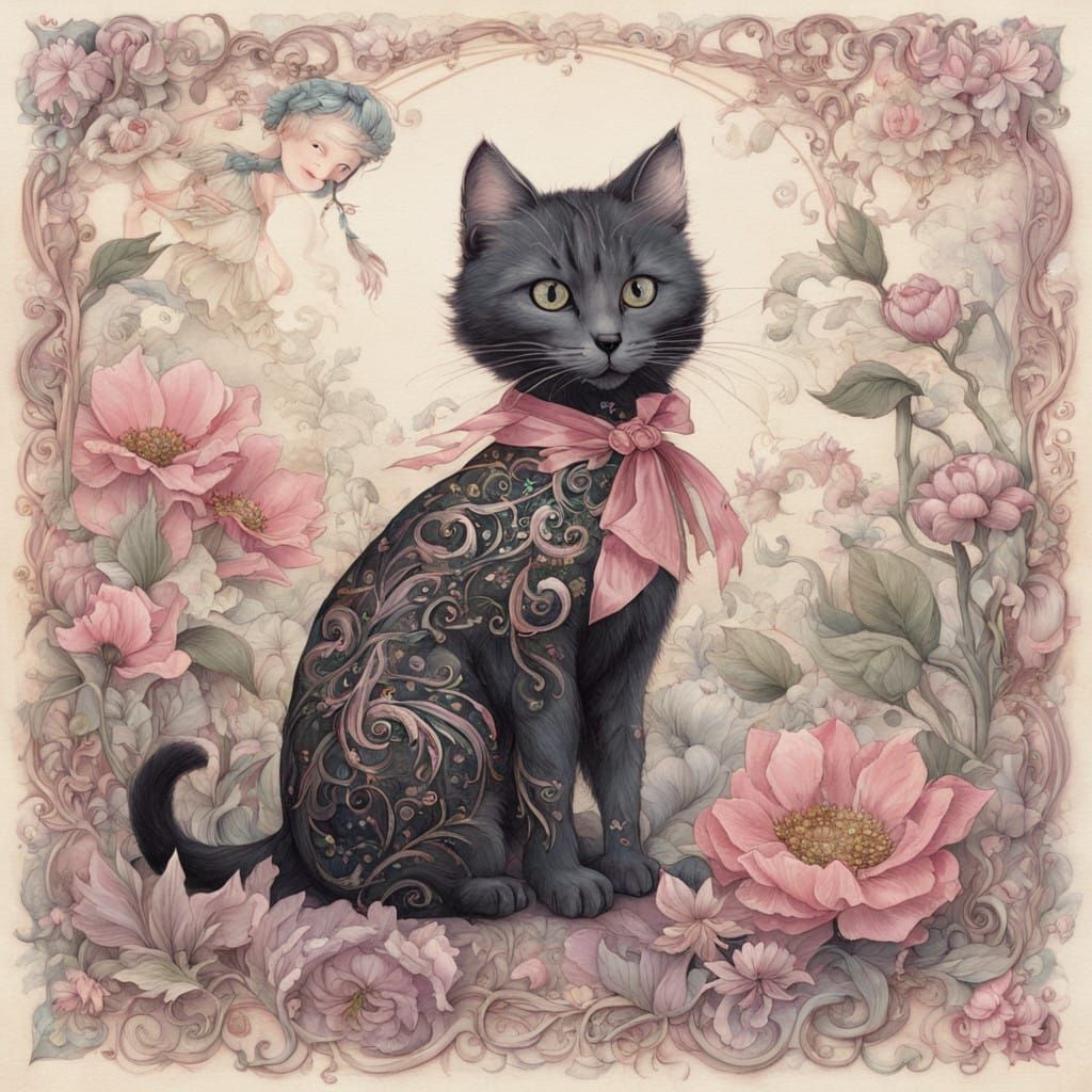 Whimsical Girl and Kitten Stroll Through Fantastical Flower....