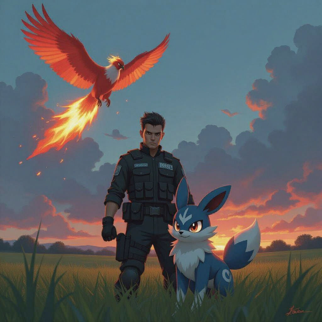 Pokemon Trainer with Riolu and Moltres, Hyperrealistic Art
