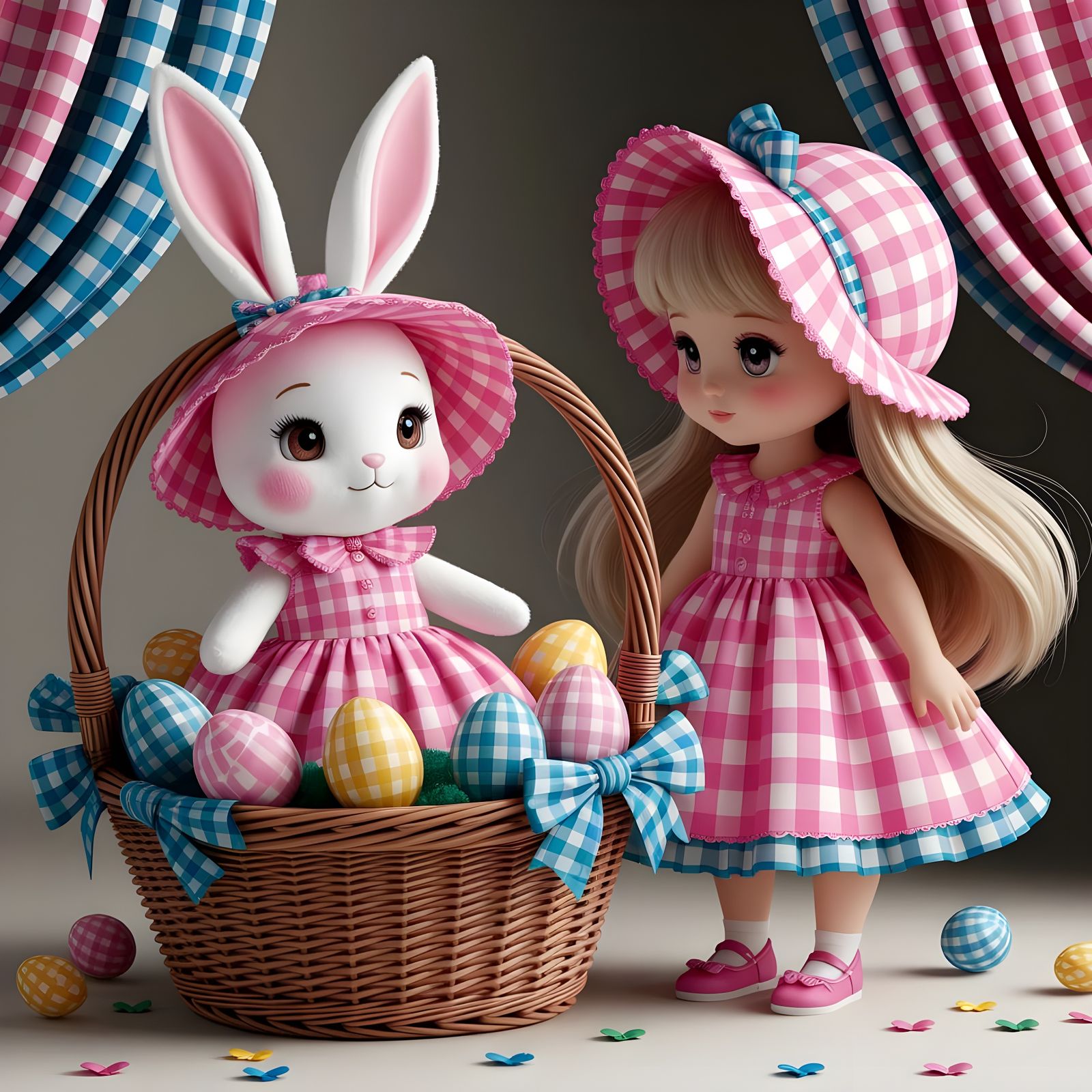 Kawaii Easter Bunny in Vibrant Gingham Wonderland